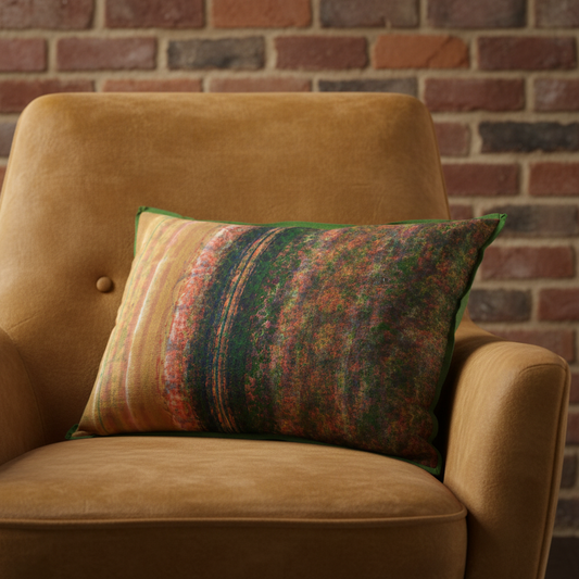Editorial hero shot of Saturated Abstract 2 cushion on mid-century ochre velvet chair