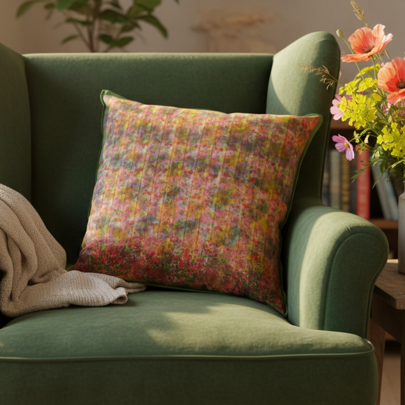 Floral Stripe Garden cushion on lived-in emerald green velvet chair with wildflowers