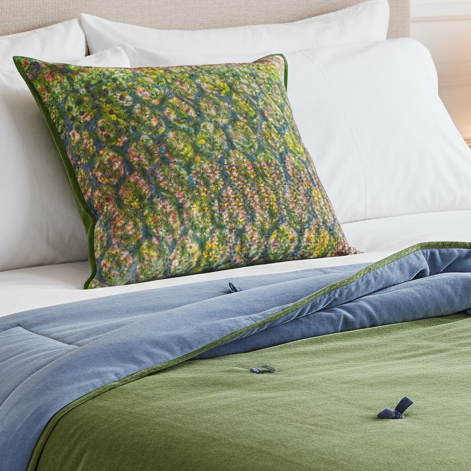 Meadow Zig Zag cushion in luxury bedroom with reversible moss and iris blue velvet quilt