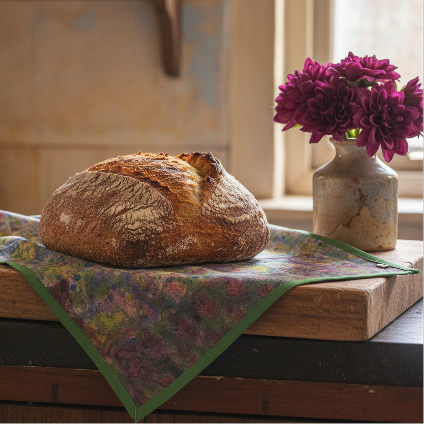 Kitchen towel with damson underprint pattern and moss green edge draped over bread board, DAC label visible