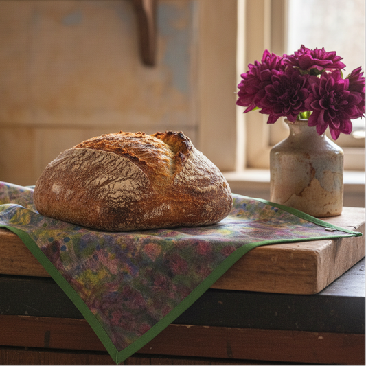 Kitchen towel with damson underprint pattern and moss green edge draped over bread board, DAC label visible