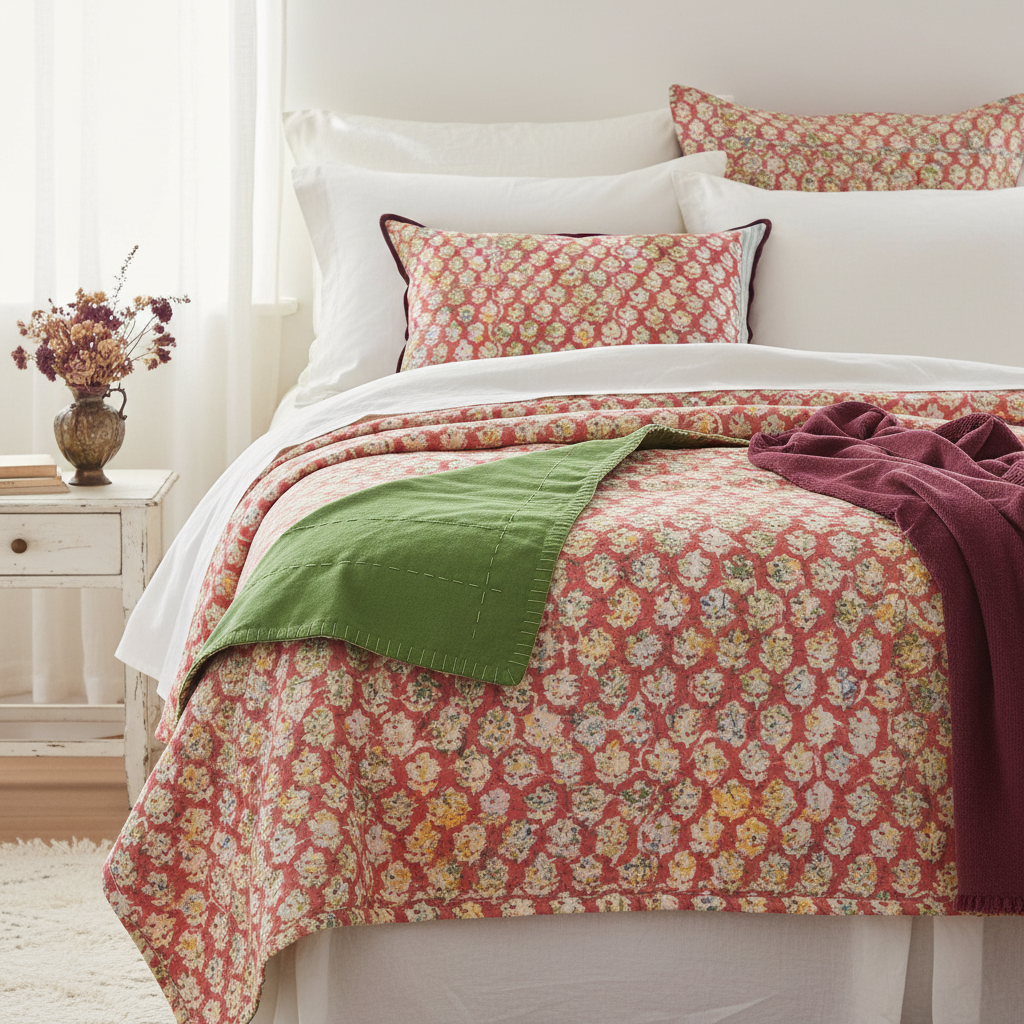 Pink City Kantha quilt on shabby chic bed with moss green backing and matching cushion