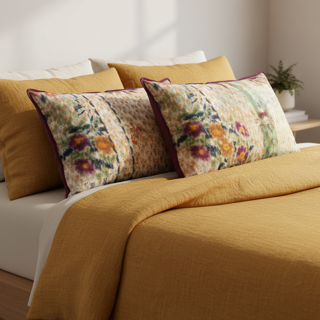Artisan cushions on mustard raw linen bed