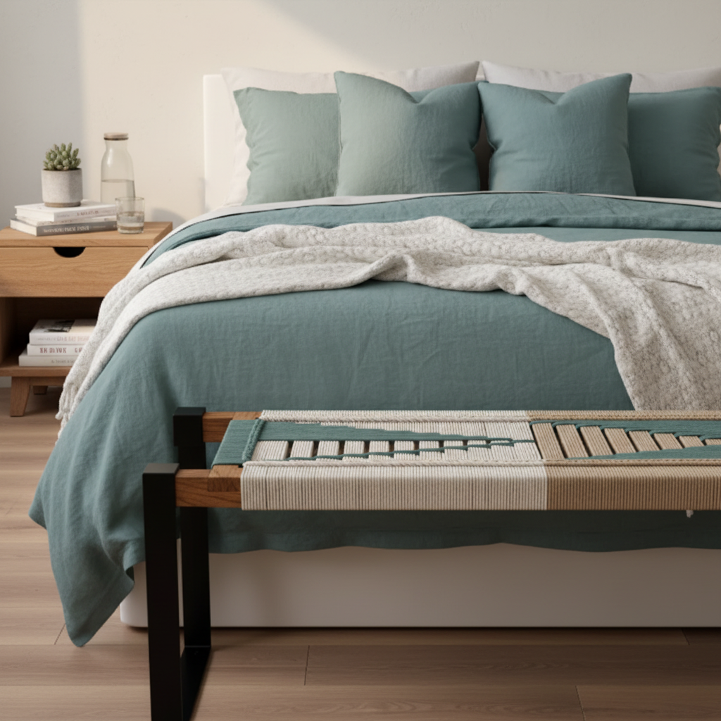 Handwoven bench seat at end of bed with teal linen bedding and white mohair blanket