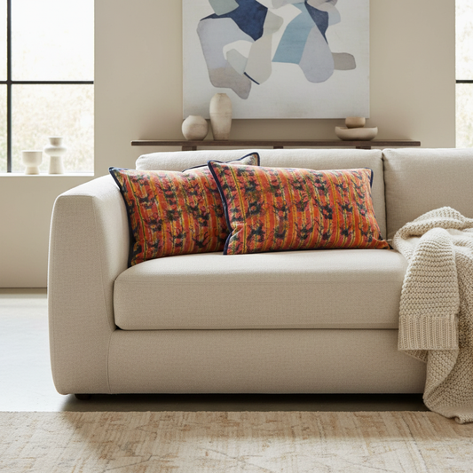 Lived-in luxury setting with Sunset Stripes cushions