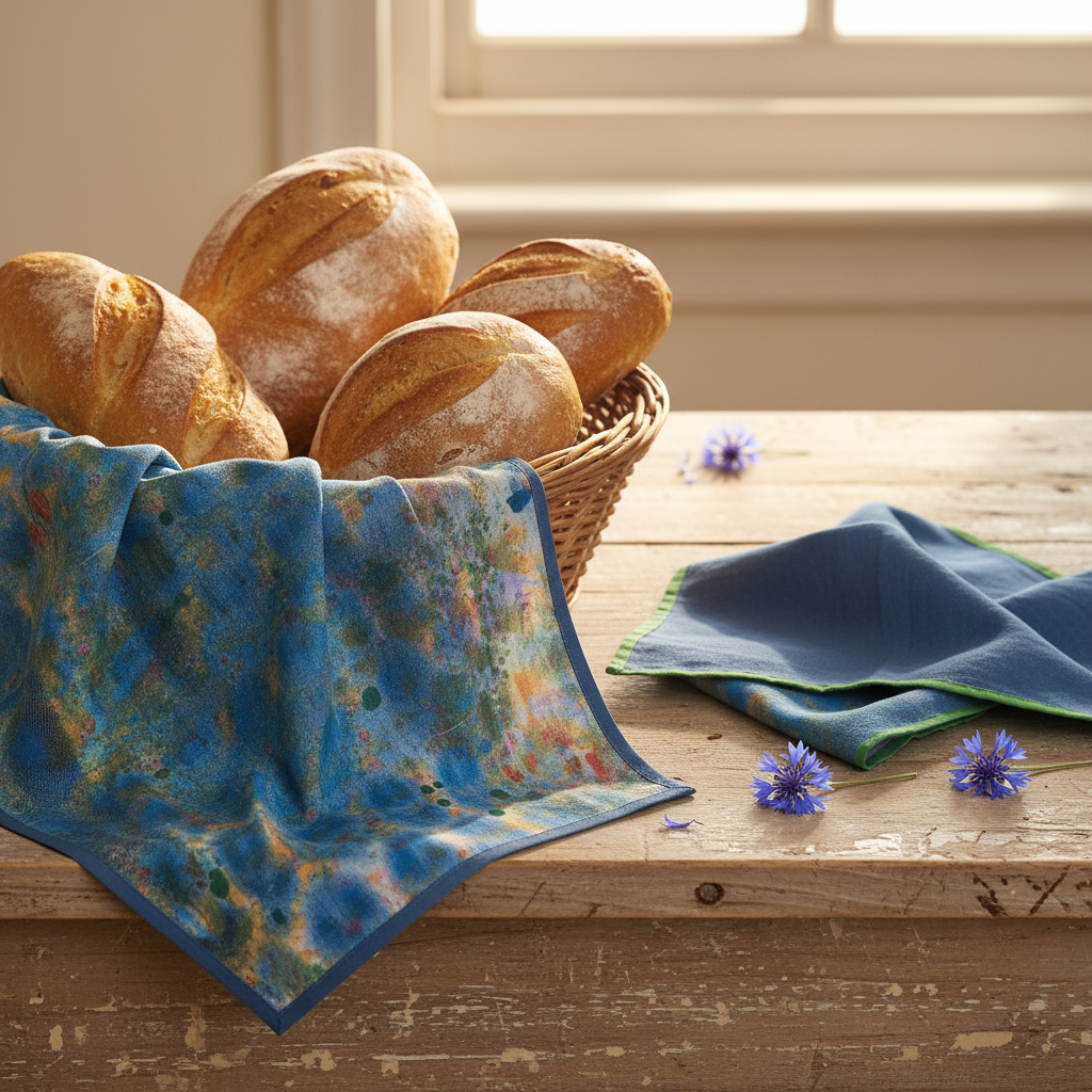 Underprint kitchen towel draped over a bread basket with cornflowers, shabby chic styling