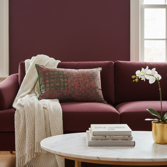 Luxury interior setting with Coral Spot cushion and burgundy elements