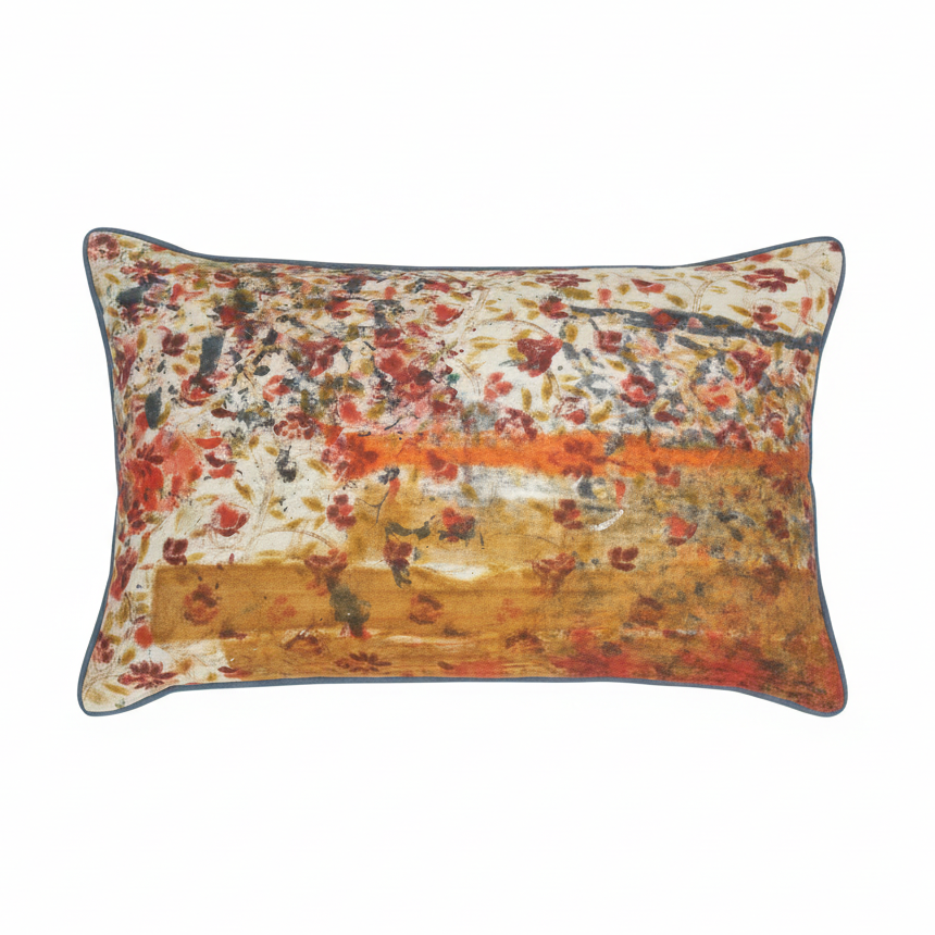 Rose amber cushion cover 40x60cm - cream rose, burnt orange stripe and amber ground on white background