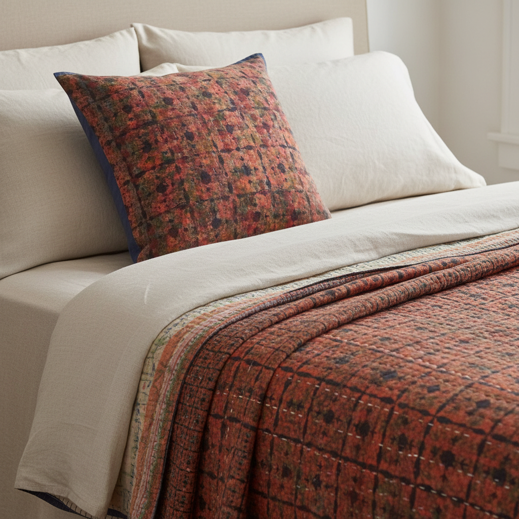 Indigo Grid Kantha quilt on bed with matching cushion