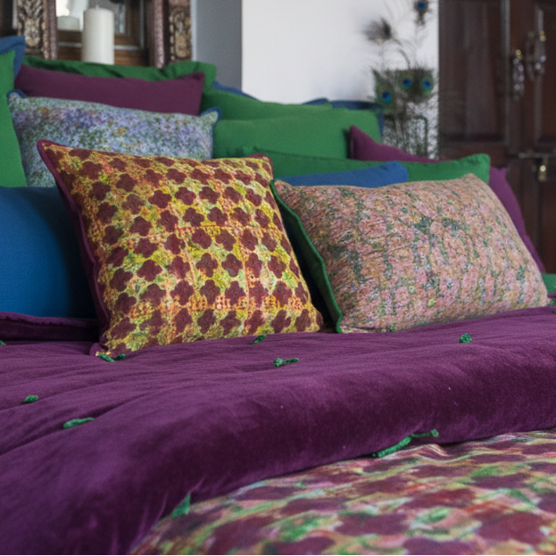Artisan cushions in Moroccan bedroom setting