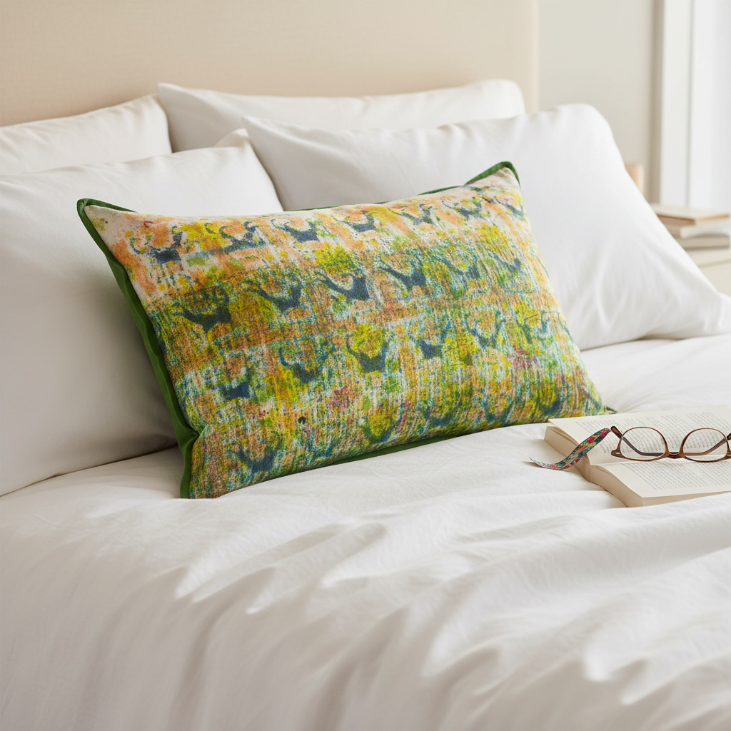 Lived-in hero shot with Garden Stamen cushion on white linen