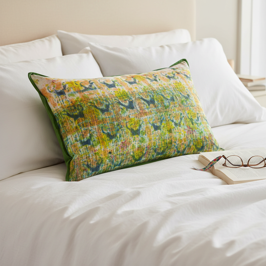 Lived-in hero shot with Garden Stamen cushion on white linen
