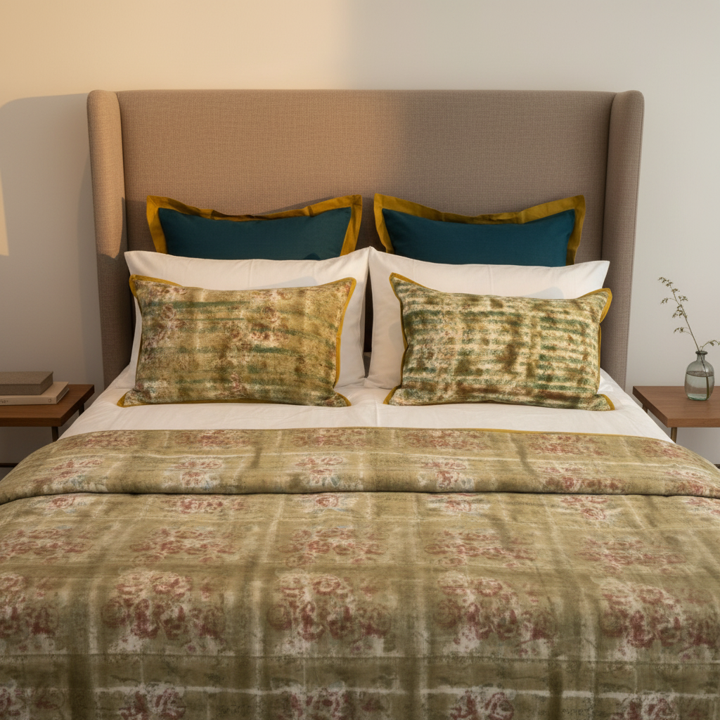 Luxury bedroom setting with quilt and cushions, upholstered headboard, warm golden light