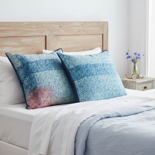 Two blue underprint cushions in shabby chic white and blue bed setting, one with red shading at bottom, cornflowers and reading glasses on bedside table