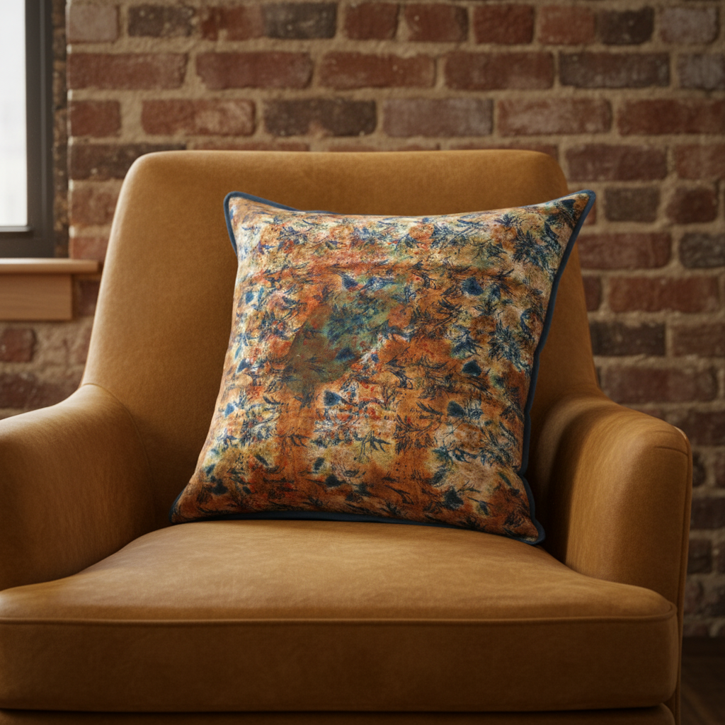 Copper Rain cushion on ochre chair against exposed brick wall in New York loft setting