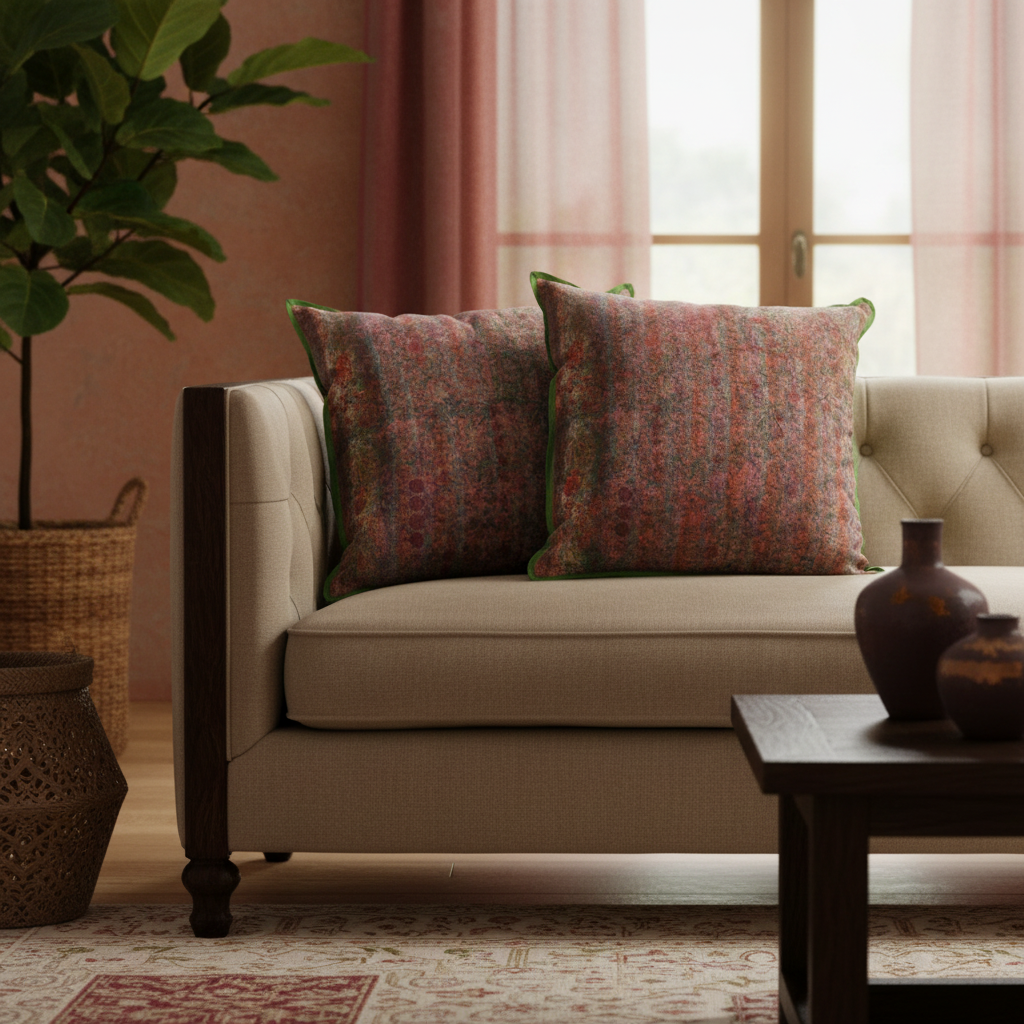 Neutral exotic setting with slouchy Coral Ember cushions in deep red and plum accents