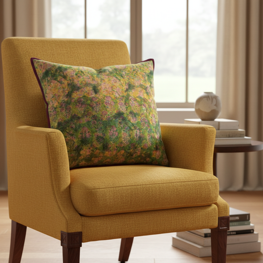 Artisan cushion on luxurious ochre raw linen chair