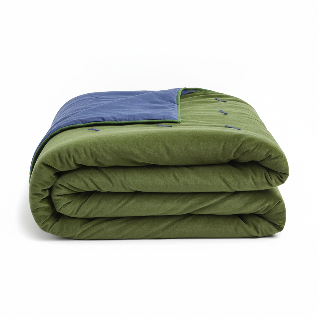 Folded moss green velvet quilt showing iris blue linen backing