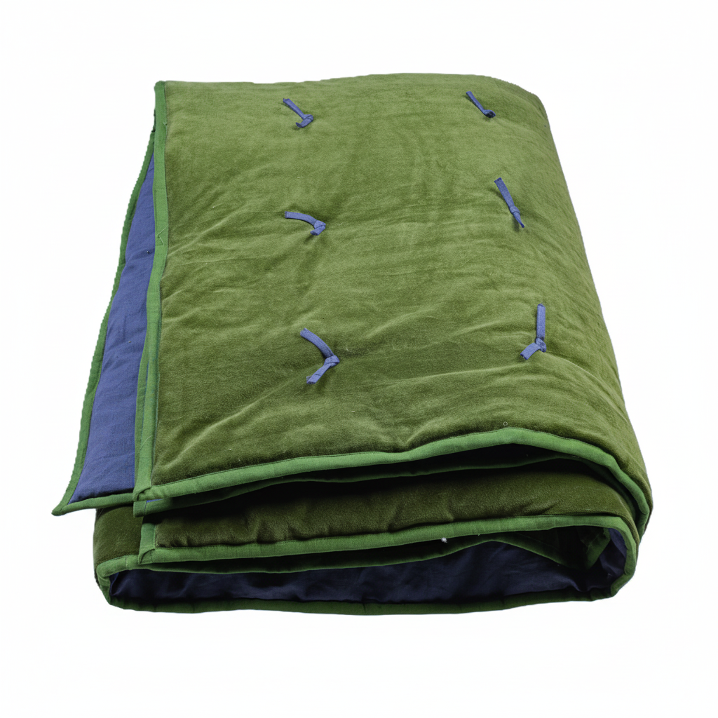 Folded moss green velvet quilt with iris blue linen backing