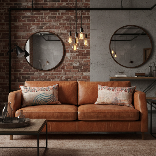 Industrial burnt orange sofa with artisan cushions