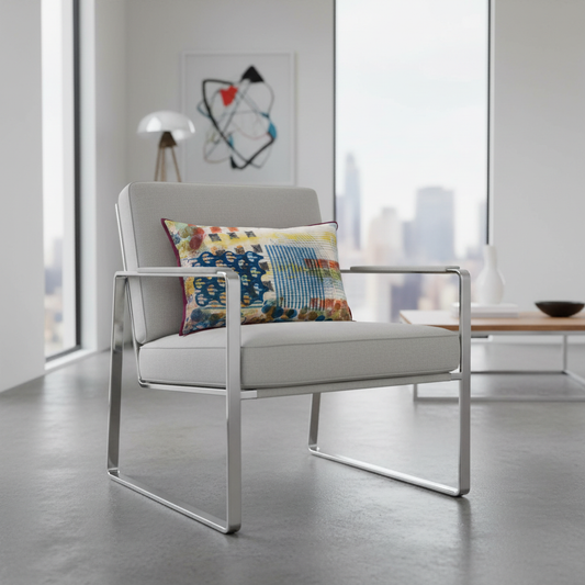 Ultra modern luxury chair with abstract geometric patterned cushion