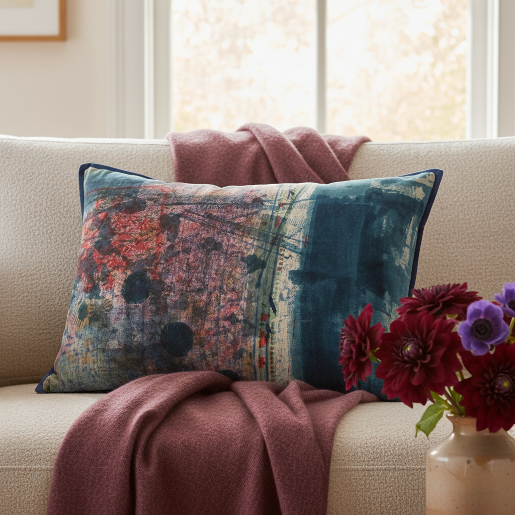 Abstract Mood cushion on neutral boucle sofa with damson throw and flowers