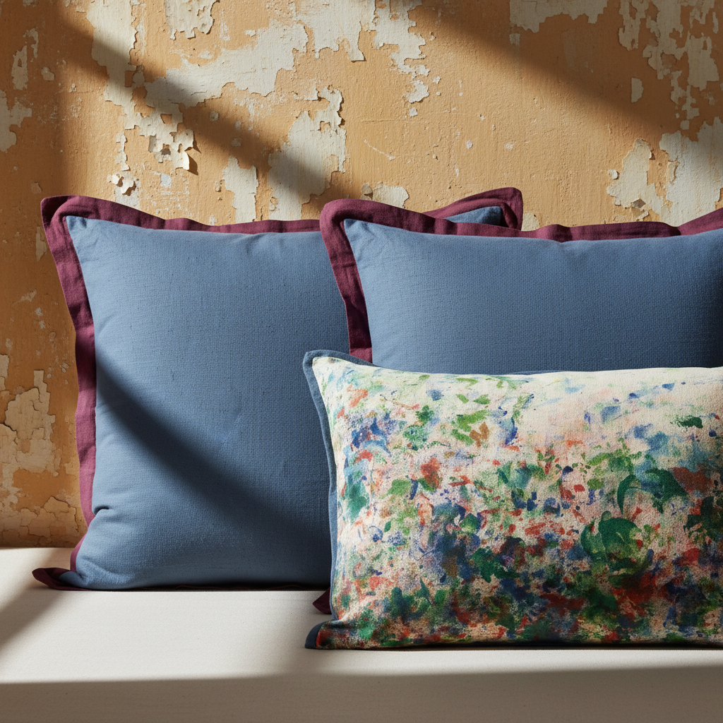 Iris blue euro cushions with damson flange and multicolour underprint lumbar cushion in a close up editorial haveli setting