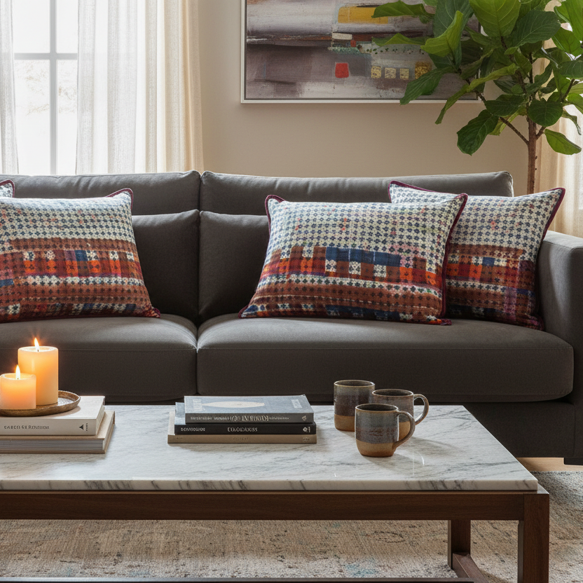 Luxury sofa with three Kaleidoscope Fire cushions