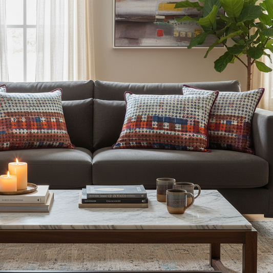 Luxury sofa with three Kaleidoscope Fire cushions