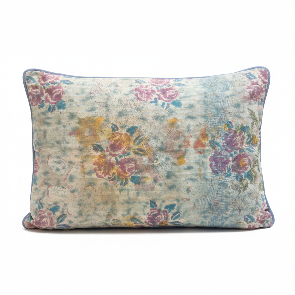 Vintage Rose Gold cushion with iris blue piping