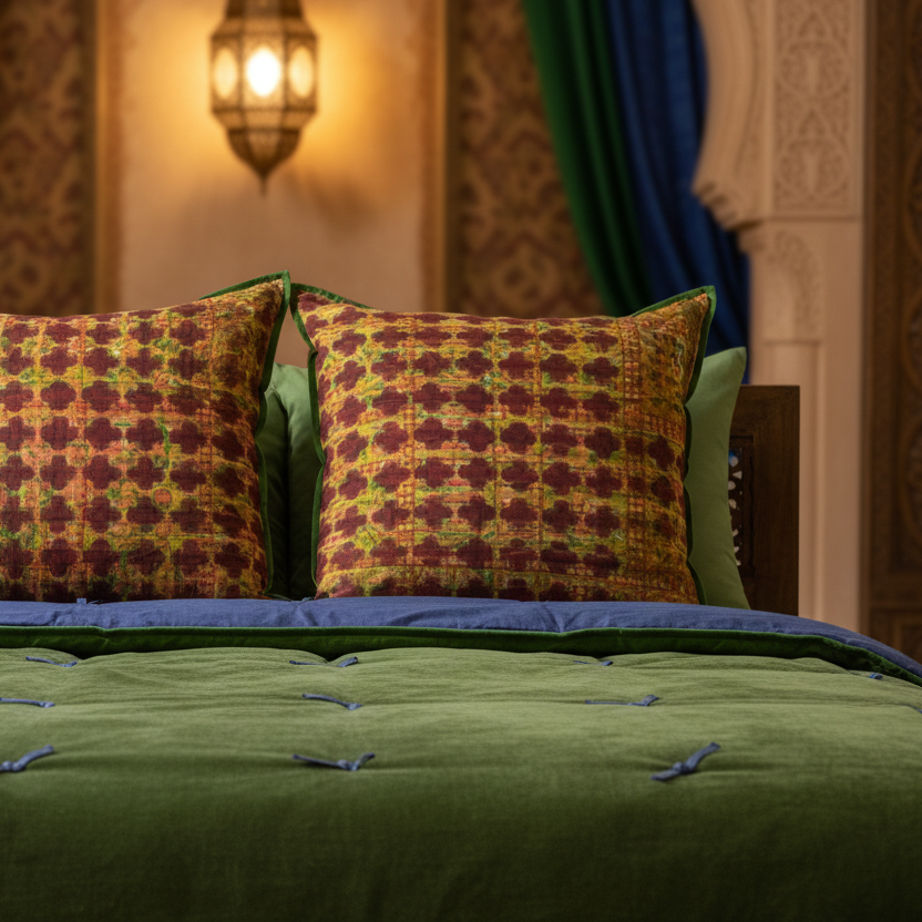 Exotic Moroccan bed setting with layered quilts and Lattice cushions