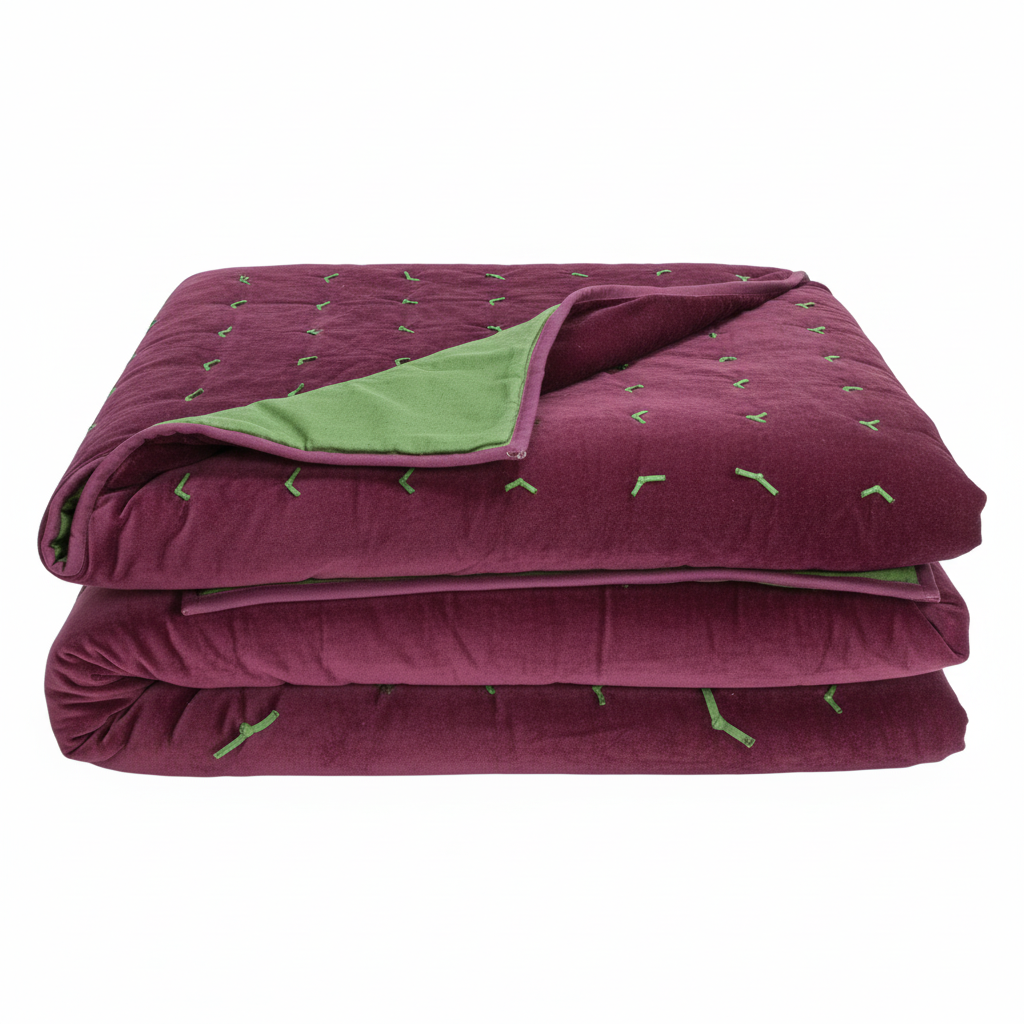 Folded damson pink velvet quilt with moss green linen backing