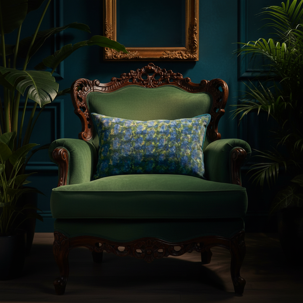 Cushion on emerald green Victorian velvet chair in exotic editorial setting