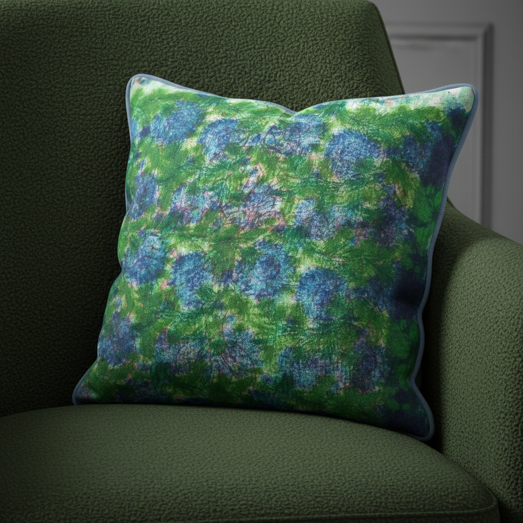 Modern editorial hero close-up on textured green bouclé chair