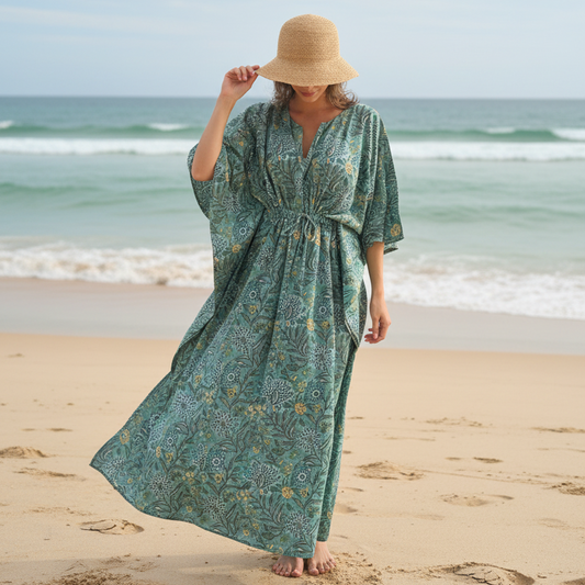 Sage green paisley kaftan on sandy beach with blue-green ocean
