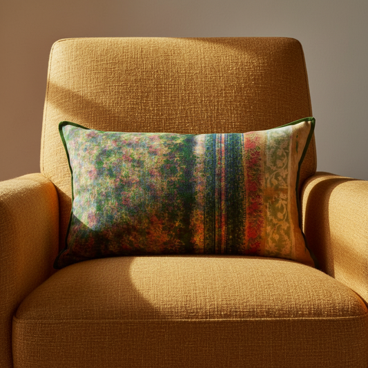 Saturated Stripe cushion - avant-garde editorial close-up on amber textured linen chair
