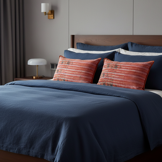 Masculine bed setting with navy linen and coral cushions