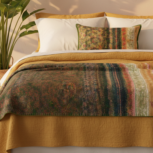 Saturated Stripe quilt and cushion - relaxed lived-in mustard linen bedroom